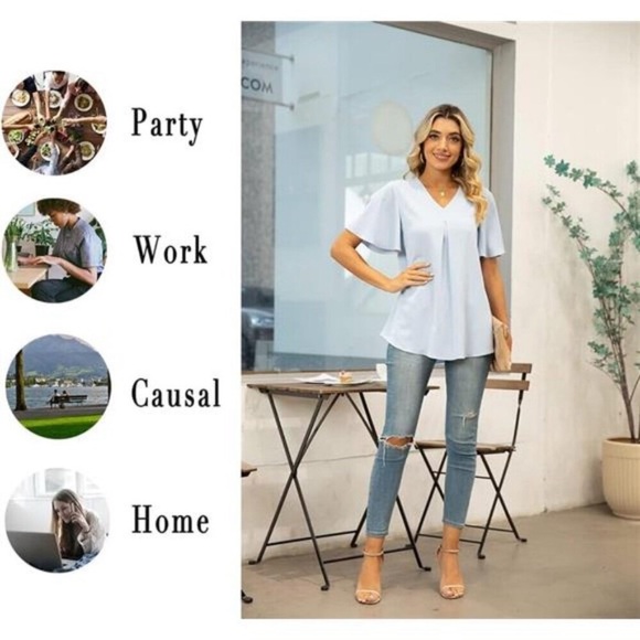 Womens Summer Dressy Chiffon Blouses V Neck Short Sleeve Tunic Tops for Leggings - Picture 9 of 9